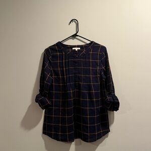 Skies Are Blue Navy and Brown Plaid Blouse